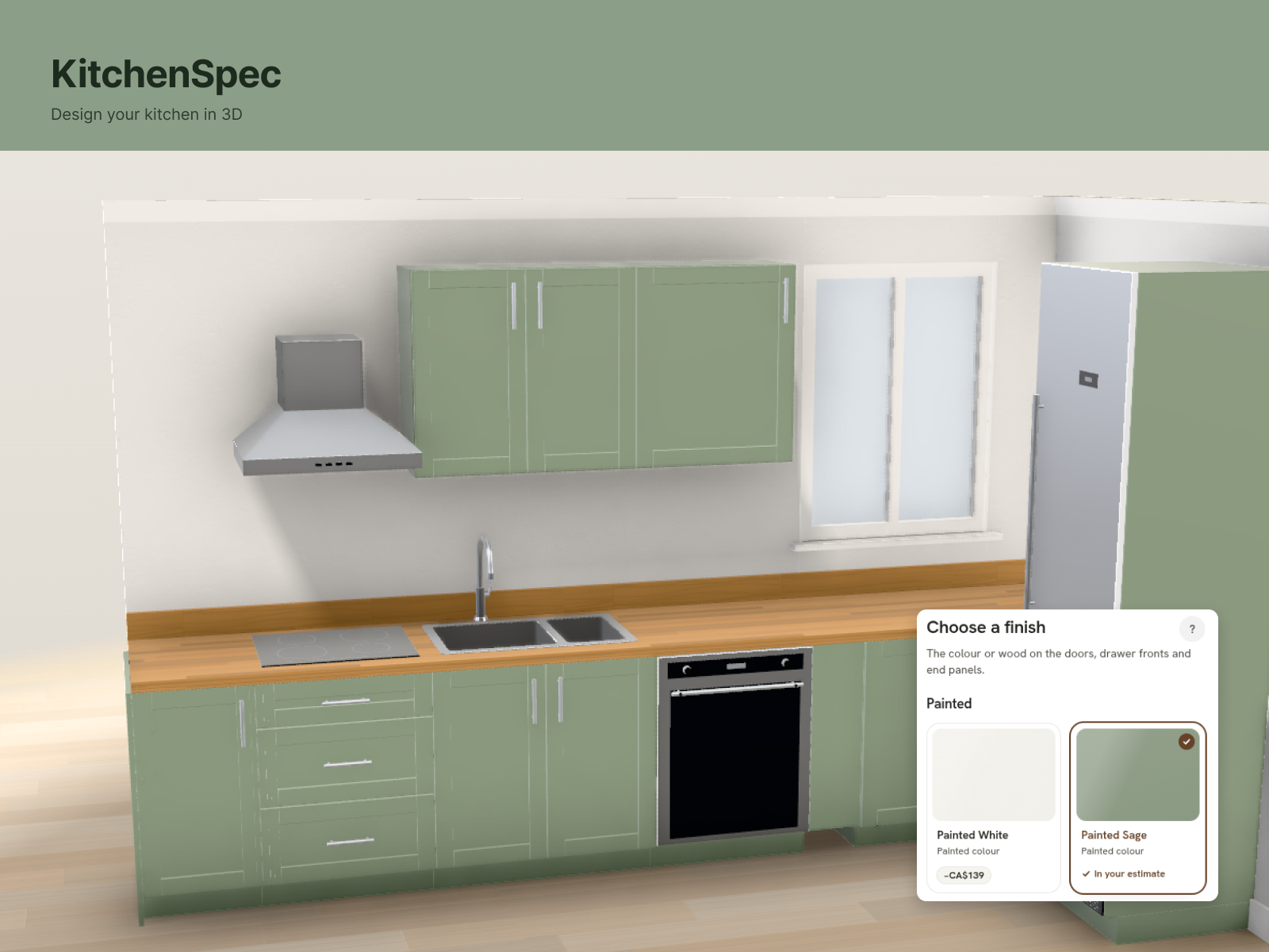 KitchenSpec 3D kitchen designer showing an L-shaped kitchen layout with wall lengths in millimetres and an itemised price breakdown across cabinets, worktop, hardware and appliances